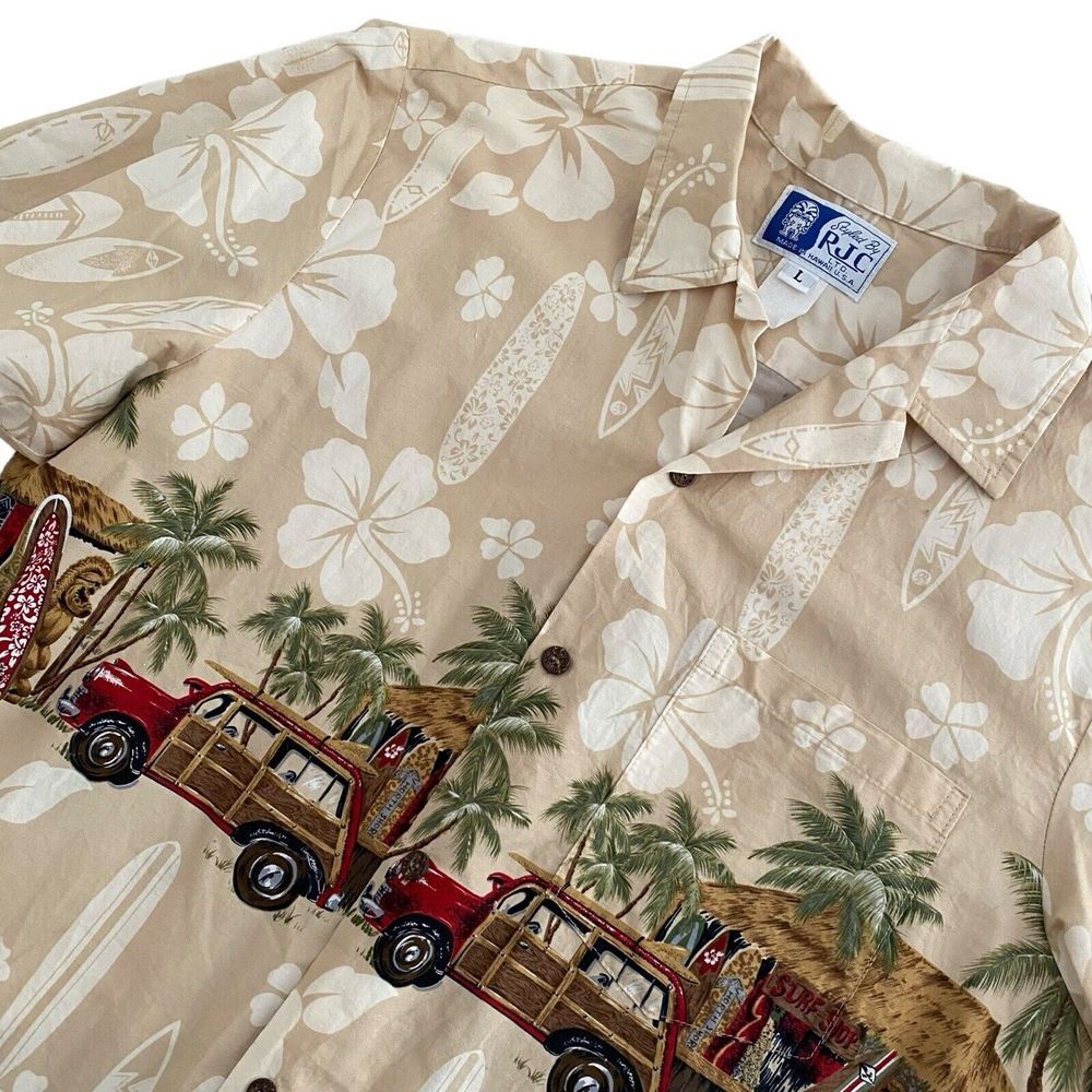 RJC Hawaiian Shirt Mens Large Tan Woody Cruiser Surf Shop Tiki Floral USA Made